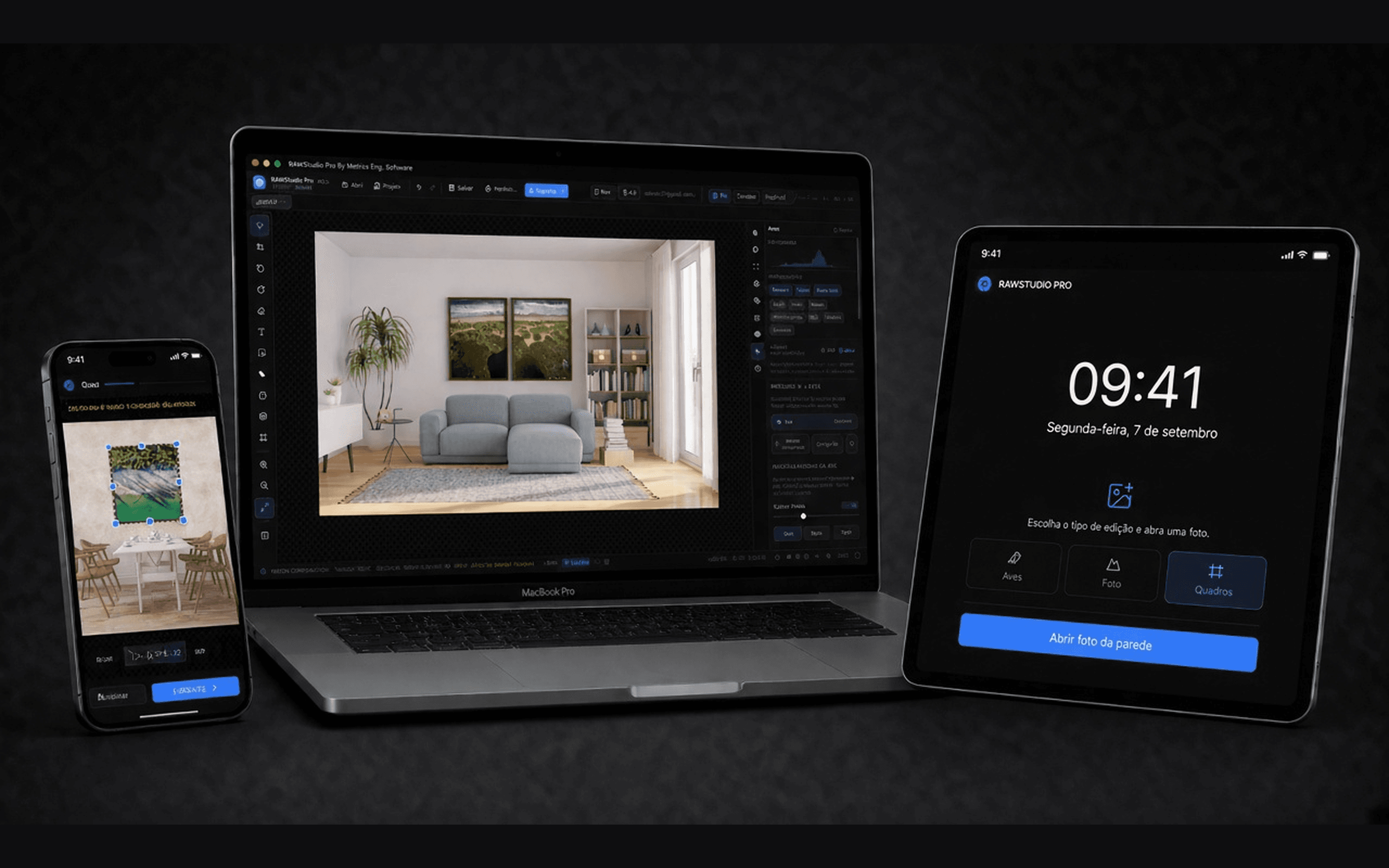 RAWStudio Pro no iPhone, MacBook e iPad com simulação de Quadros na parede