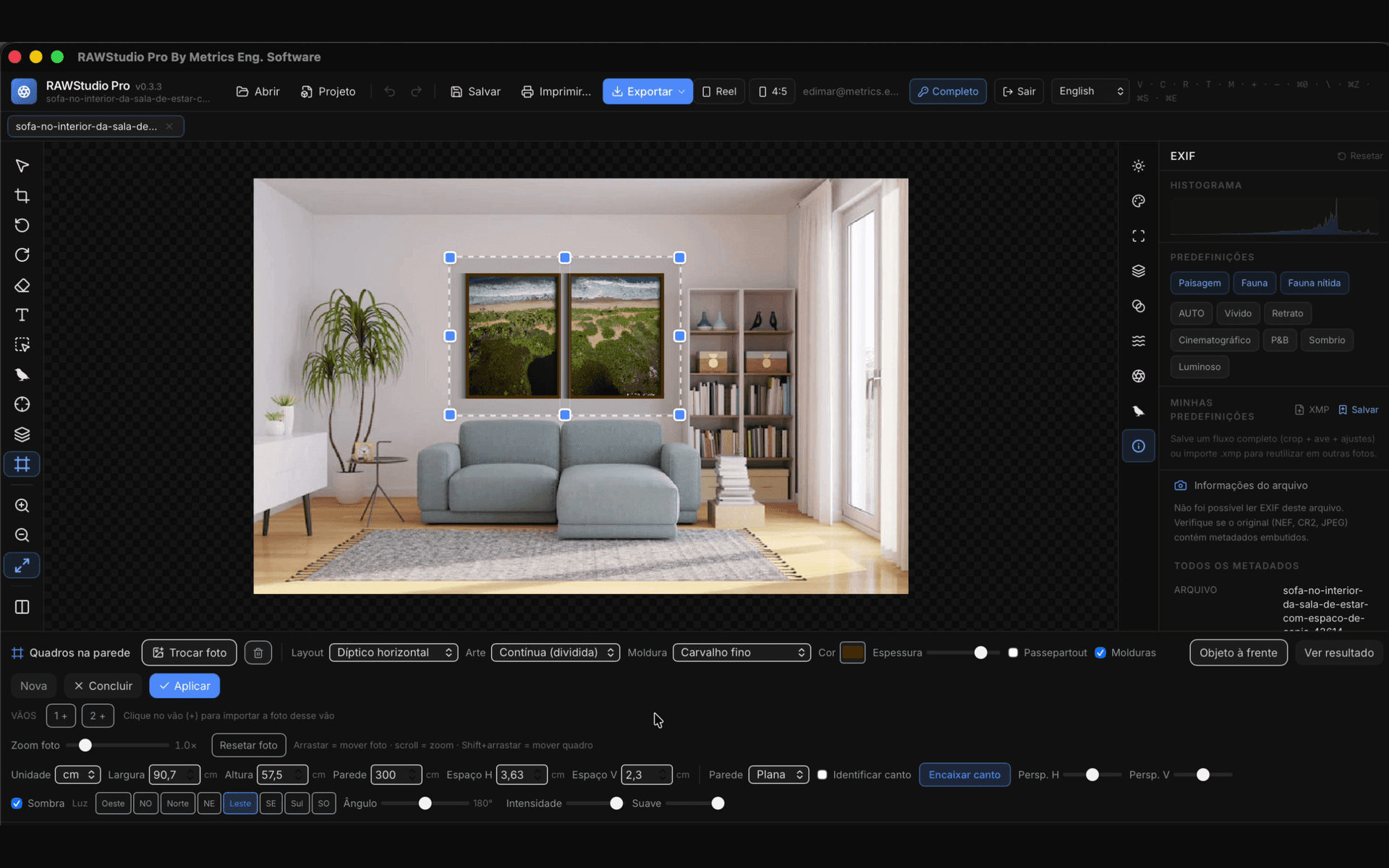 RAWStudio Pro no Mac com simulação de díptico na sala de estar